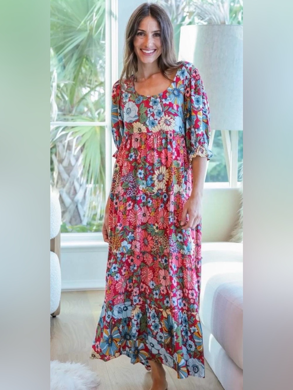 Natural Life Floral Maxi Dress Womens Tiered Boho Cottagecore Puff Sleeve XL